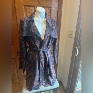 Anthropologie Paisley Belted Trench Coat Jacket Purple Microfiber Suede Size L